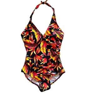 Bikini Bay One Piece Size 12 Halter Swimsuit Black Orange‎ Yellow Leaf Pattern